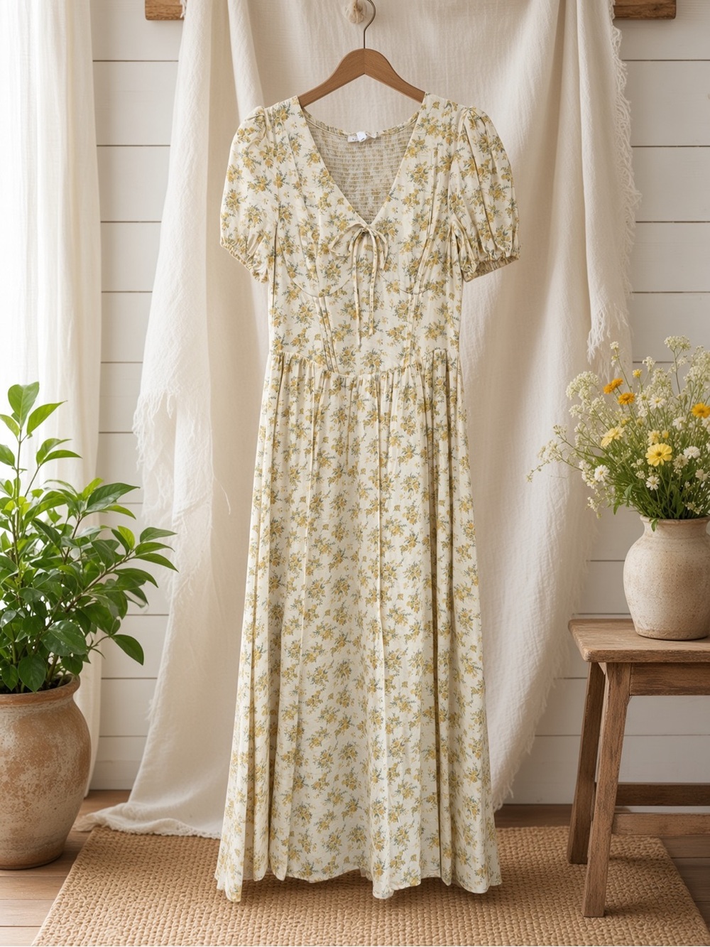 Floral Puff Sleeve V Neck Corset Detail Midi Dress